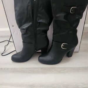 Black Knee-High Buckle Heeled Boots for Women